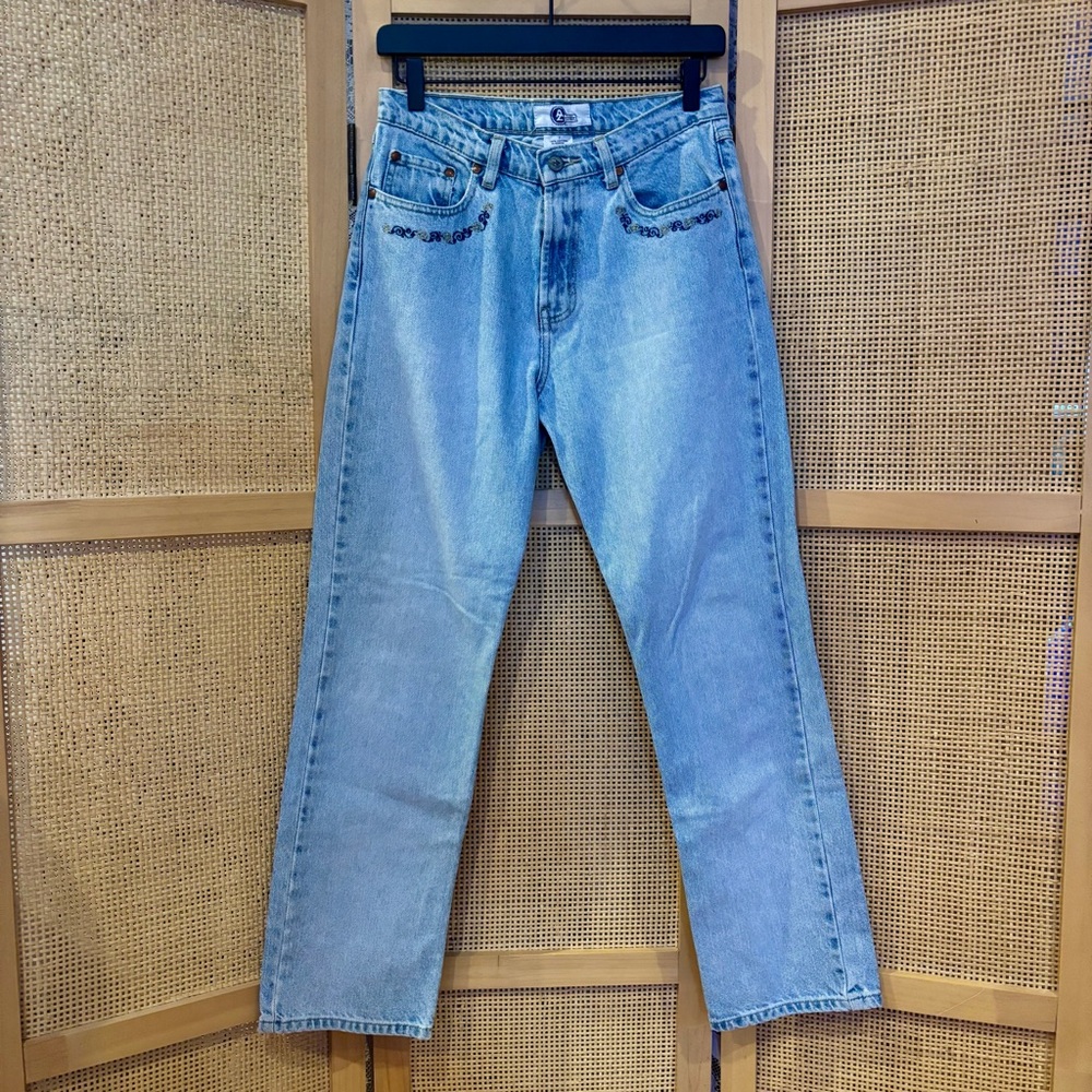 Arizona Jean Company Vintage Embroidered Straight Leg Denim Jeans Women Size 7